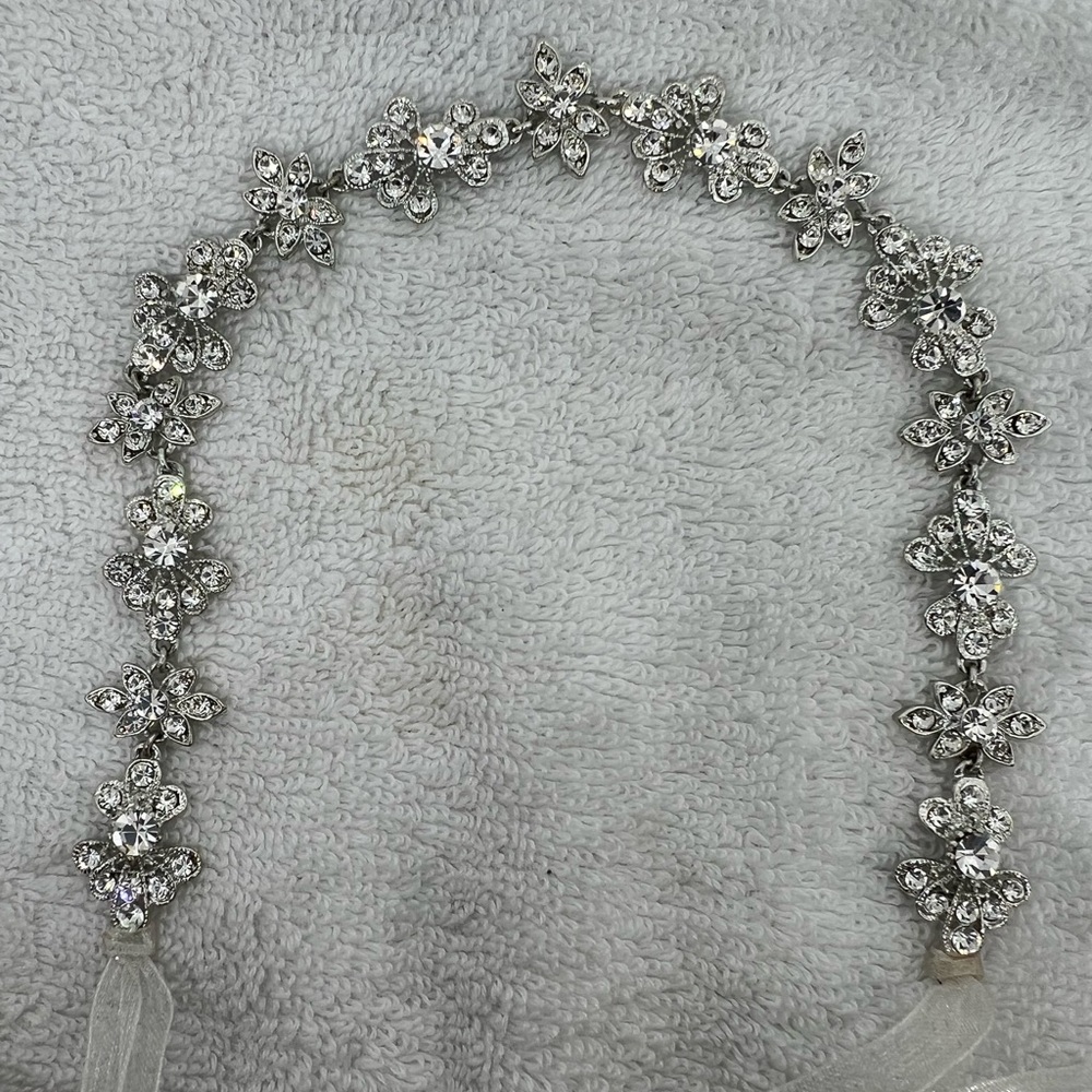 Winthrop Floral Crystal Wreath Halo Ribbon Bridal Pageant Rhinestone Headband